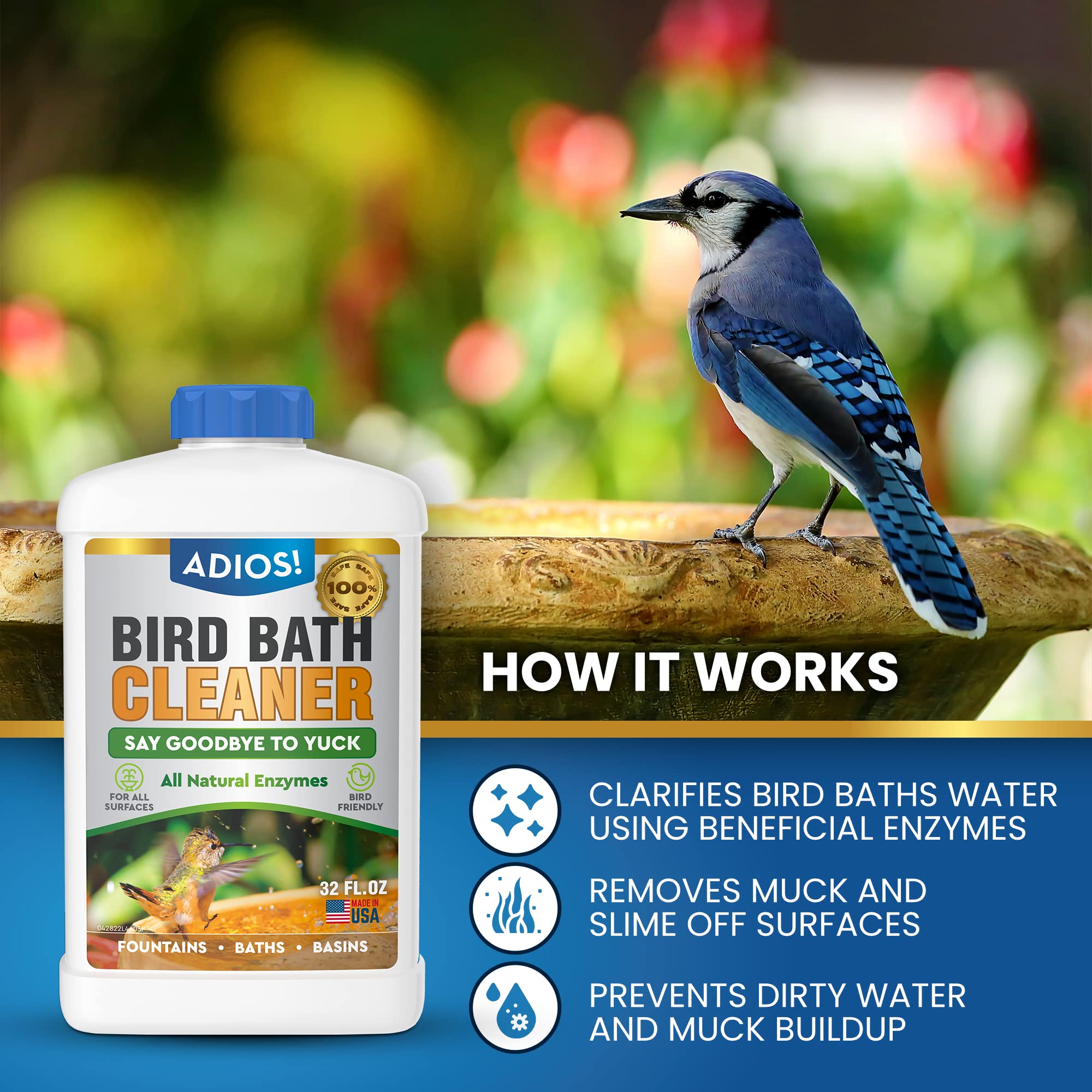 ADIOS! Bird Bath Cleaner water-clarity image shows clearer water for bird habitats.
