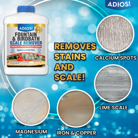 ADIOS! Birdbath Scale Remover application around a bird bath for safe use