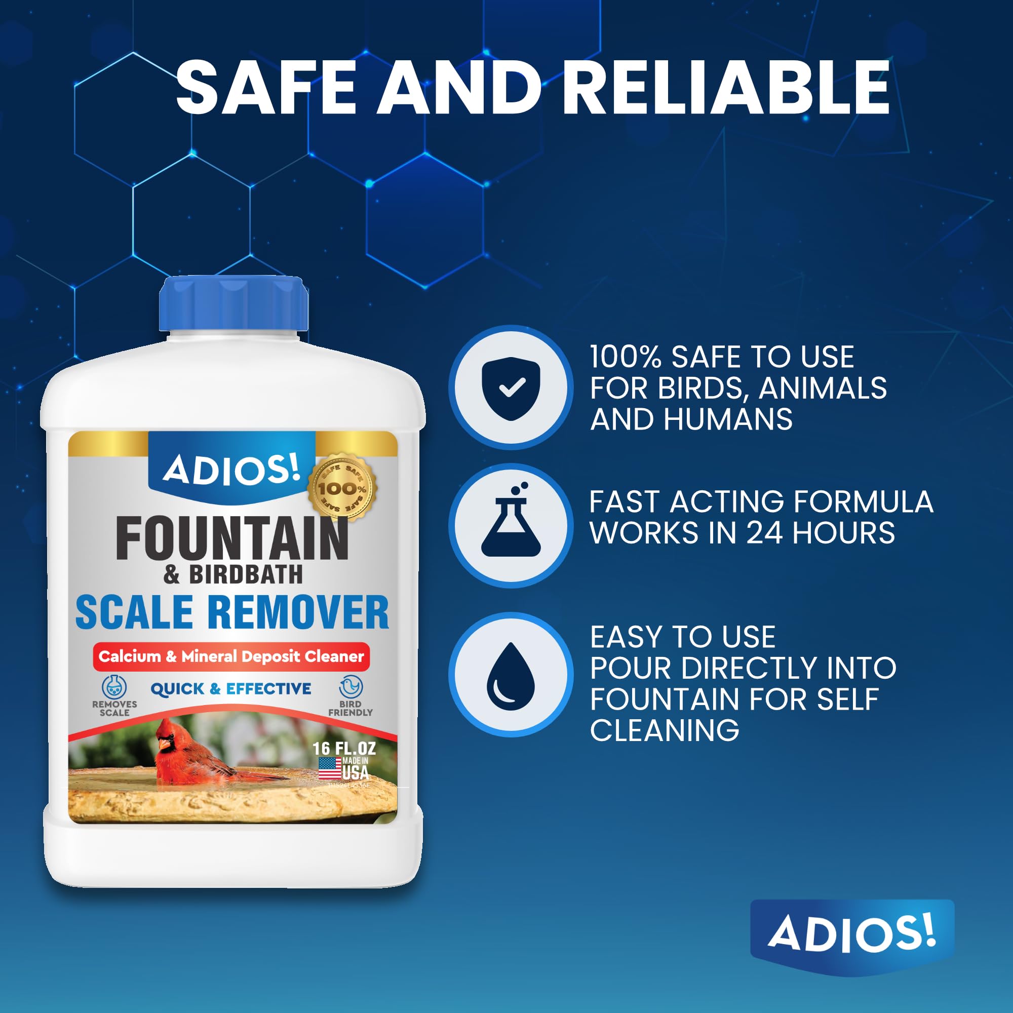 ADIOS birdbath scale remover used near birds and water features