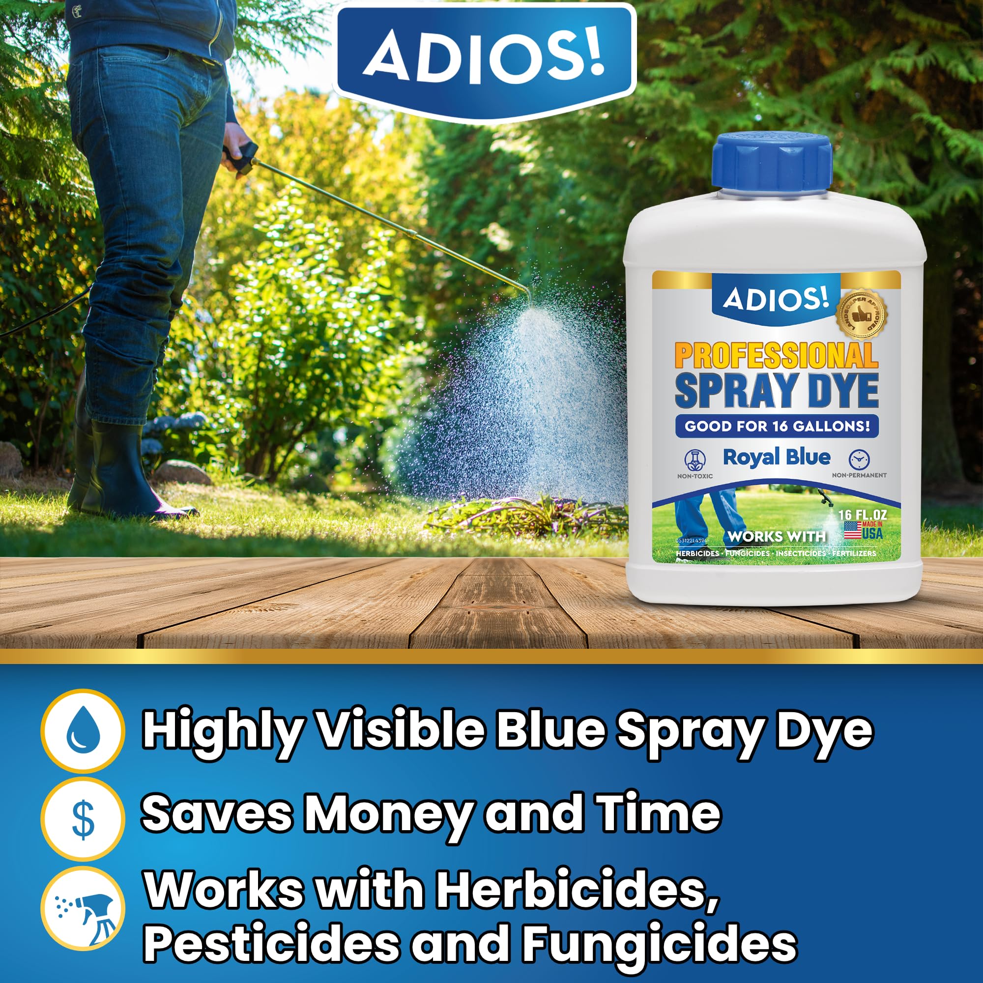 ADIOS! 16oz bottle shown for quick mixing into water-based lawn products.