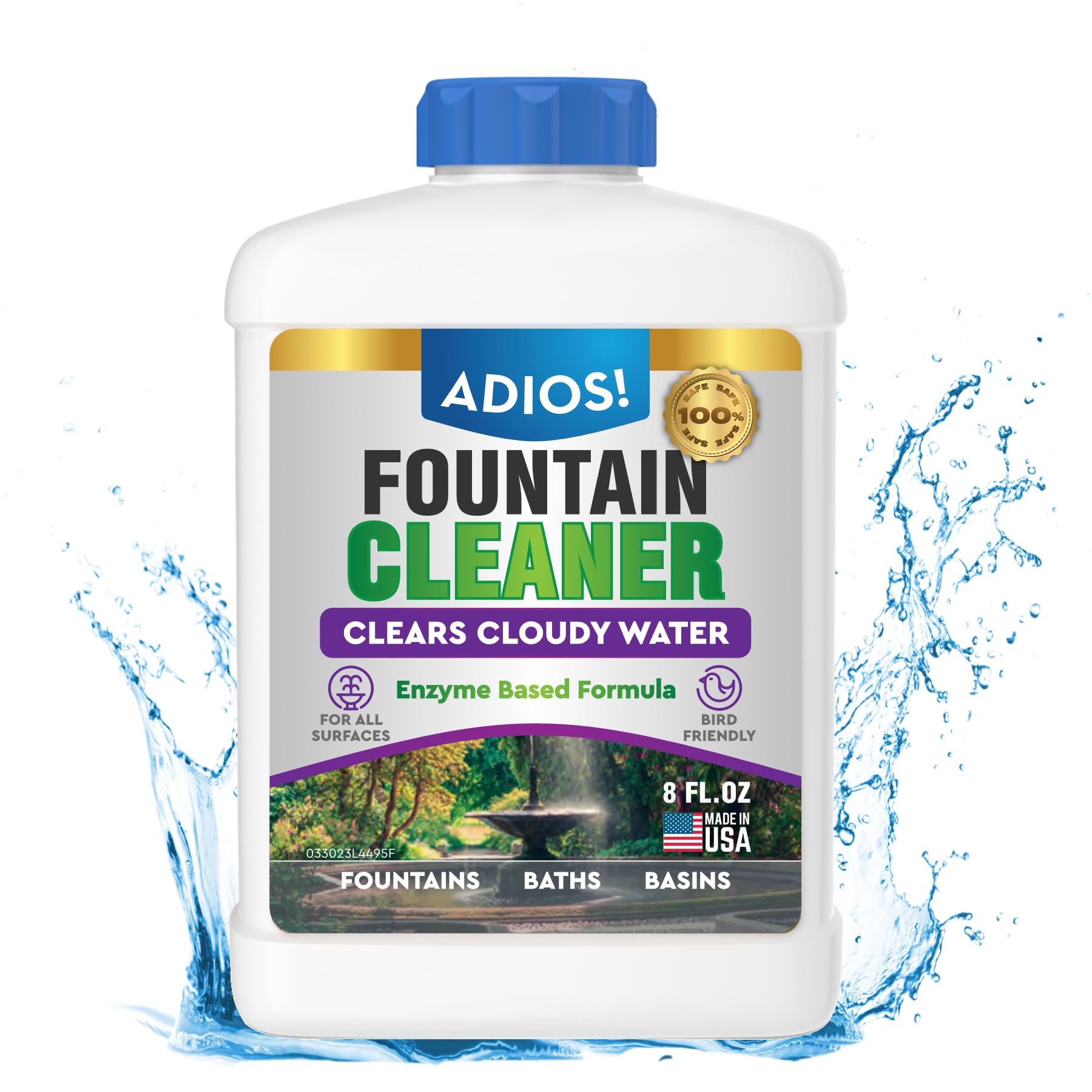 ADIOS! Fountain Cleaner bottle pour showing easy dosing for small garden ponds.