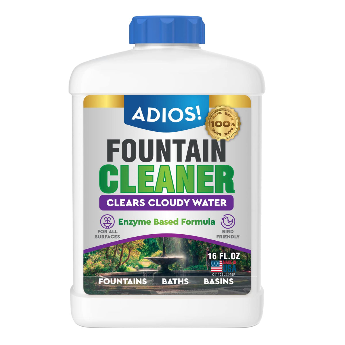 ADIOS! Fountain Cleaner bottle 16oz safely cleans all fountain surfaces.