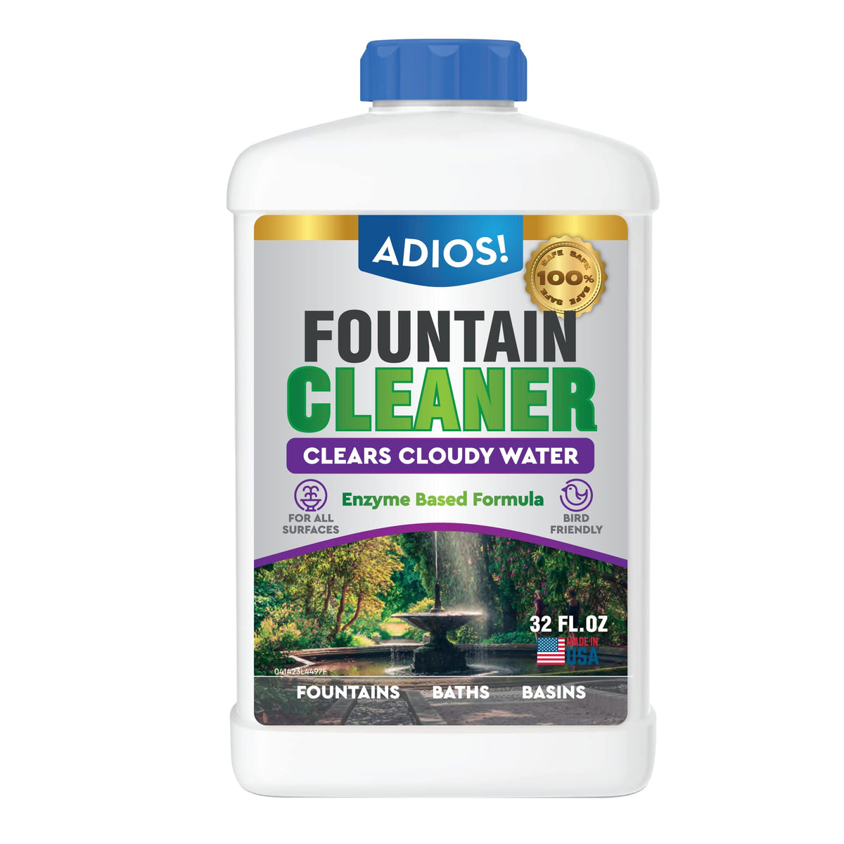ADIOS! Fountain Cleaner bottle pour showing easy application for clean fountain surfaces
