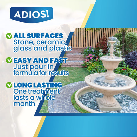 ADIOS! Fountain Cleaner surface clean removing film from metal, glass, and stone surfaces