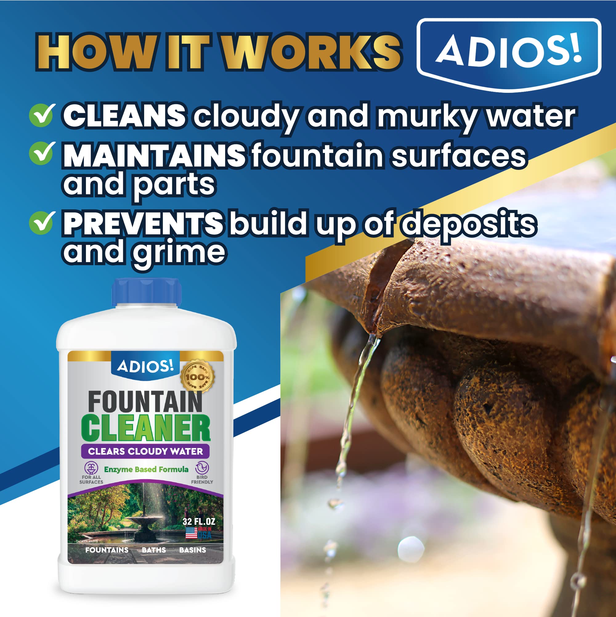 ADIOS! Cleaner on fountain surfaces removing film and gunk for shine.