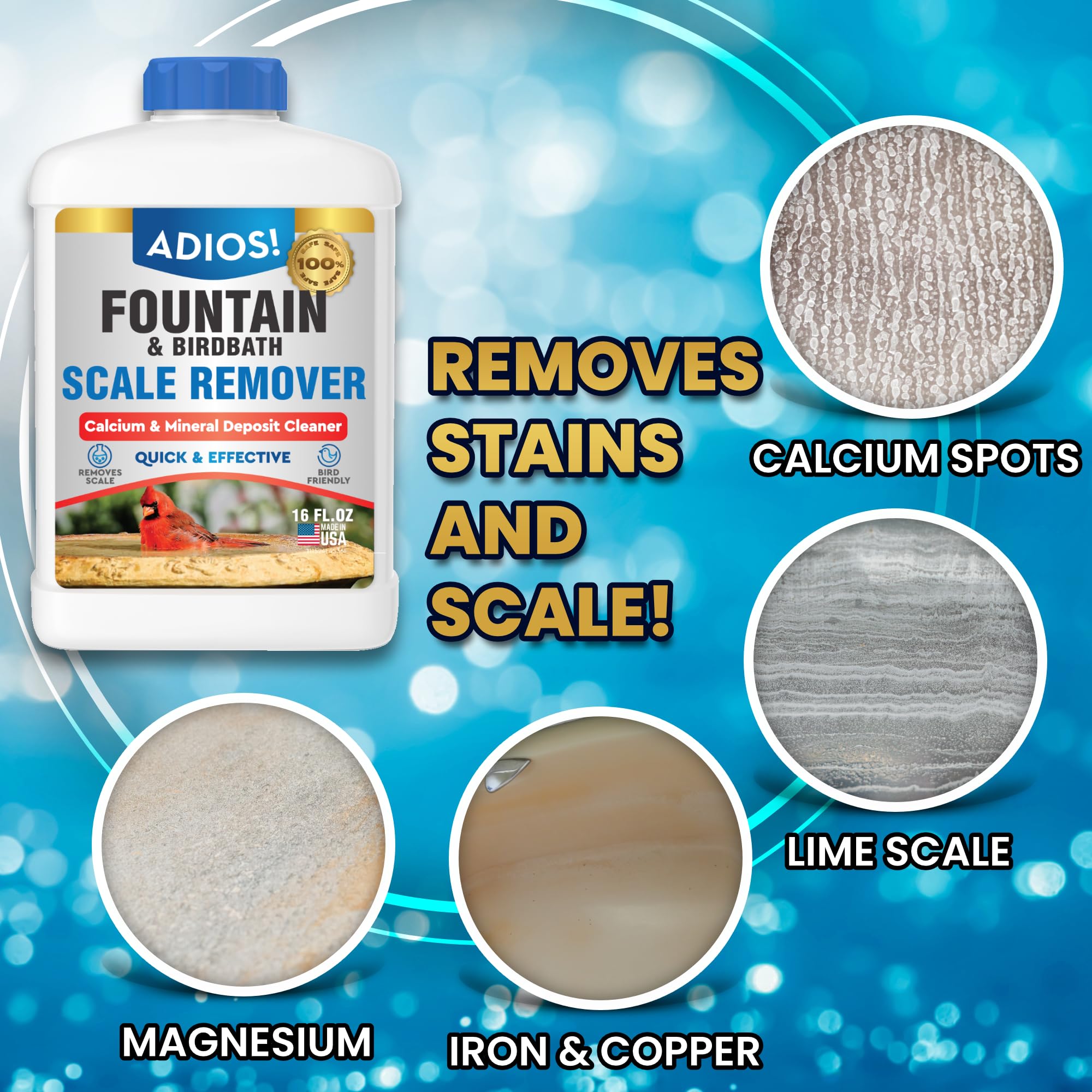 ADIOS fountain scale remover application on crusty fountain surface