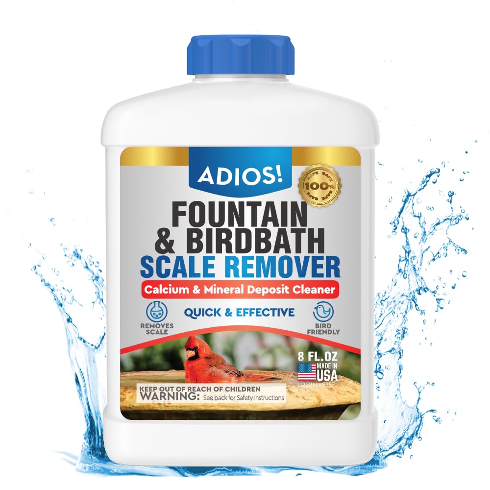 ADIOS! Fountain Scale Remover bottle for easy application and mineral deposit removal