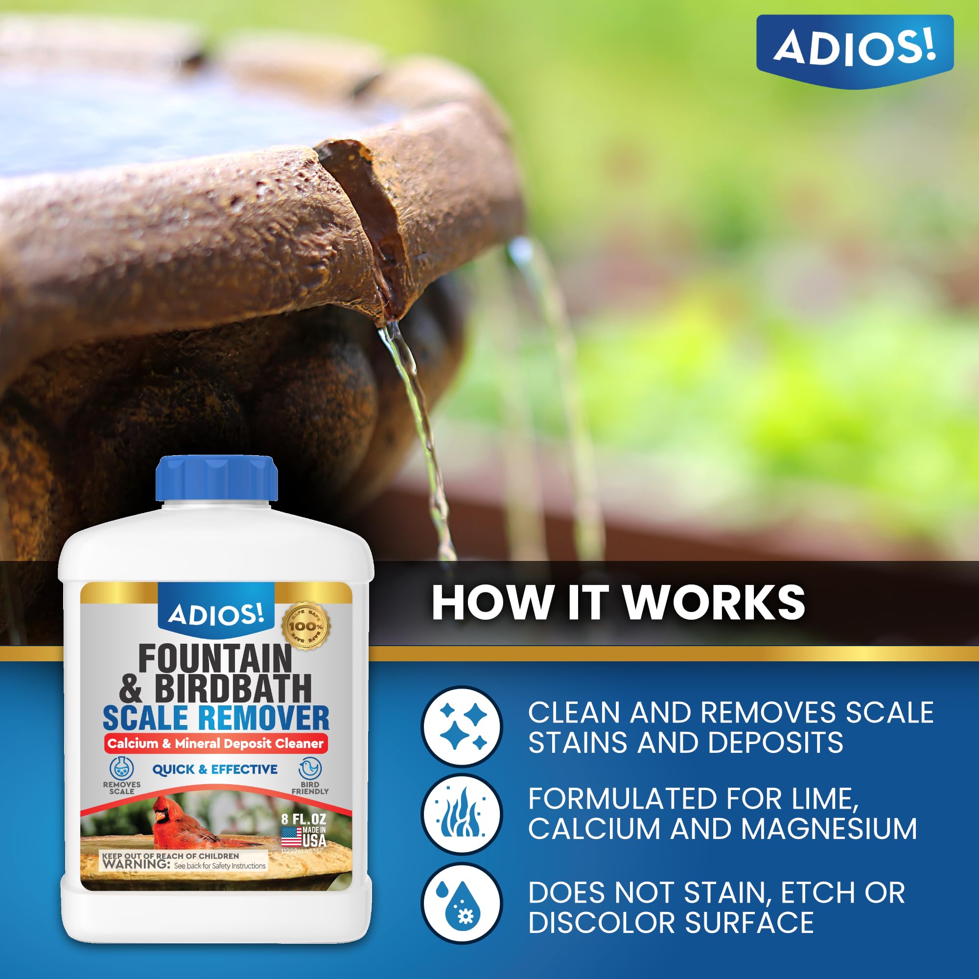 ADIOS! Fountain Scale Remover being poured to dissolve hard water scale