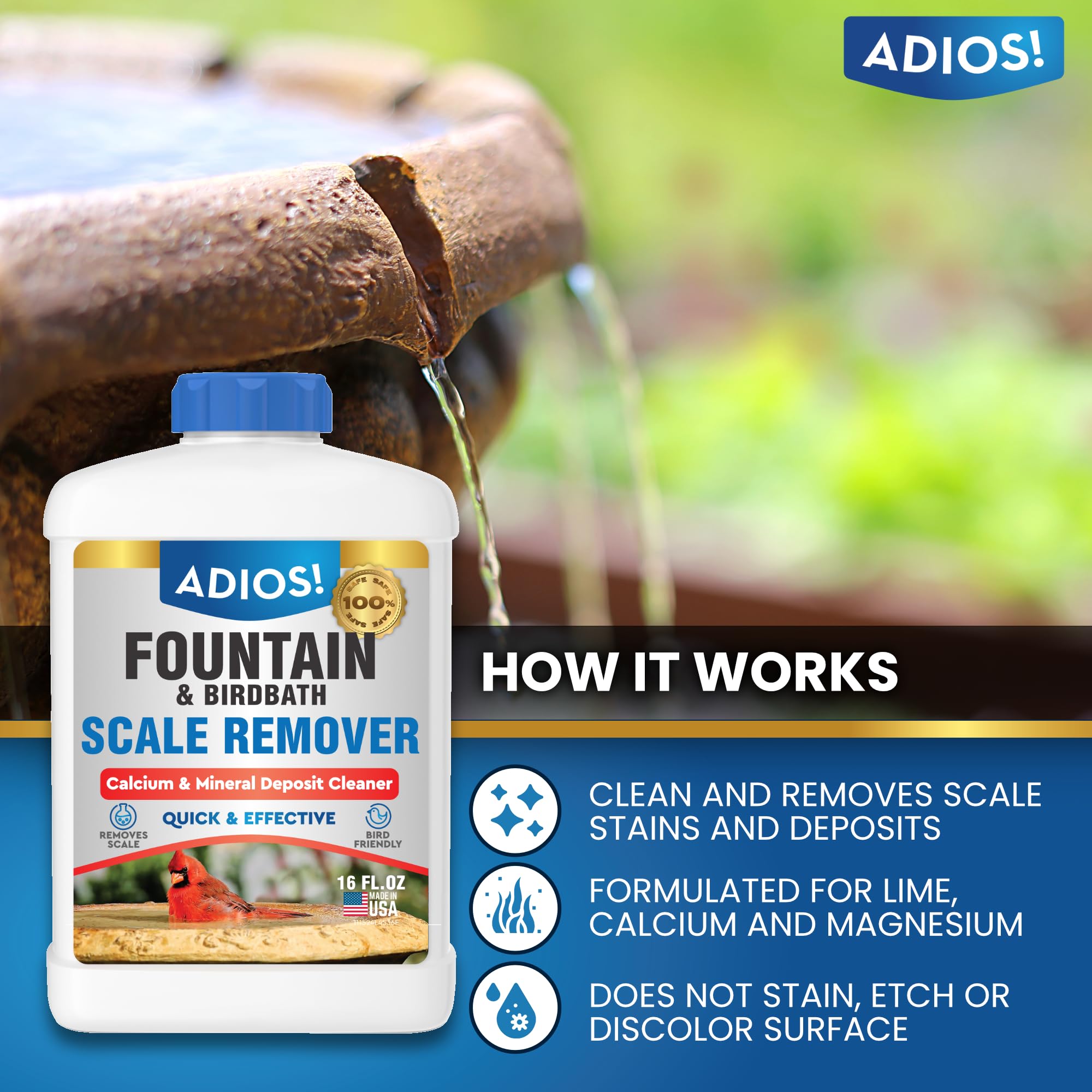 ADIOS fountain scale remover being poured to treat hard water deposits