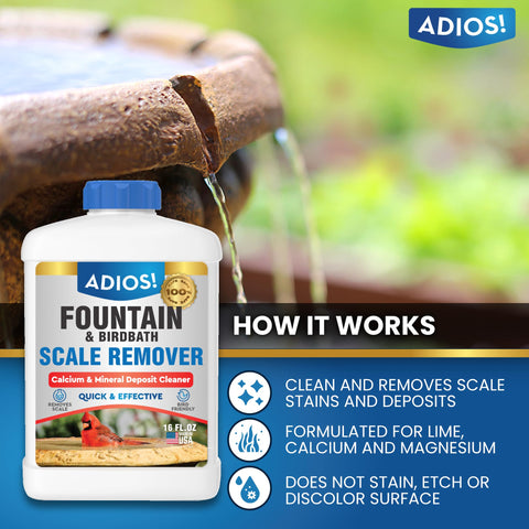 ADIOS fountain scale remover being poured to treat hard water deposits