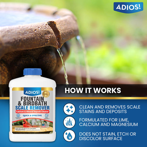 ADIOS! Fountain Scale Remover being poured to dissolve hard water scale