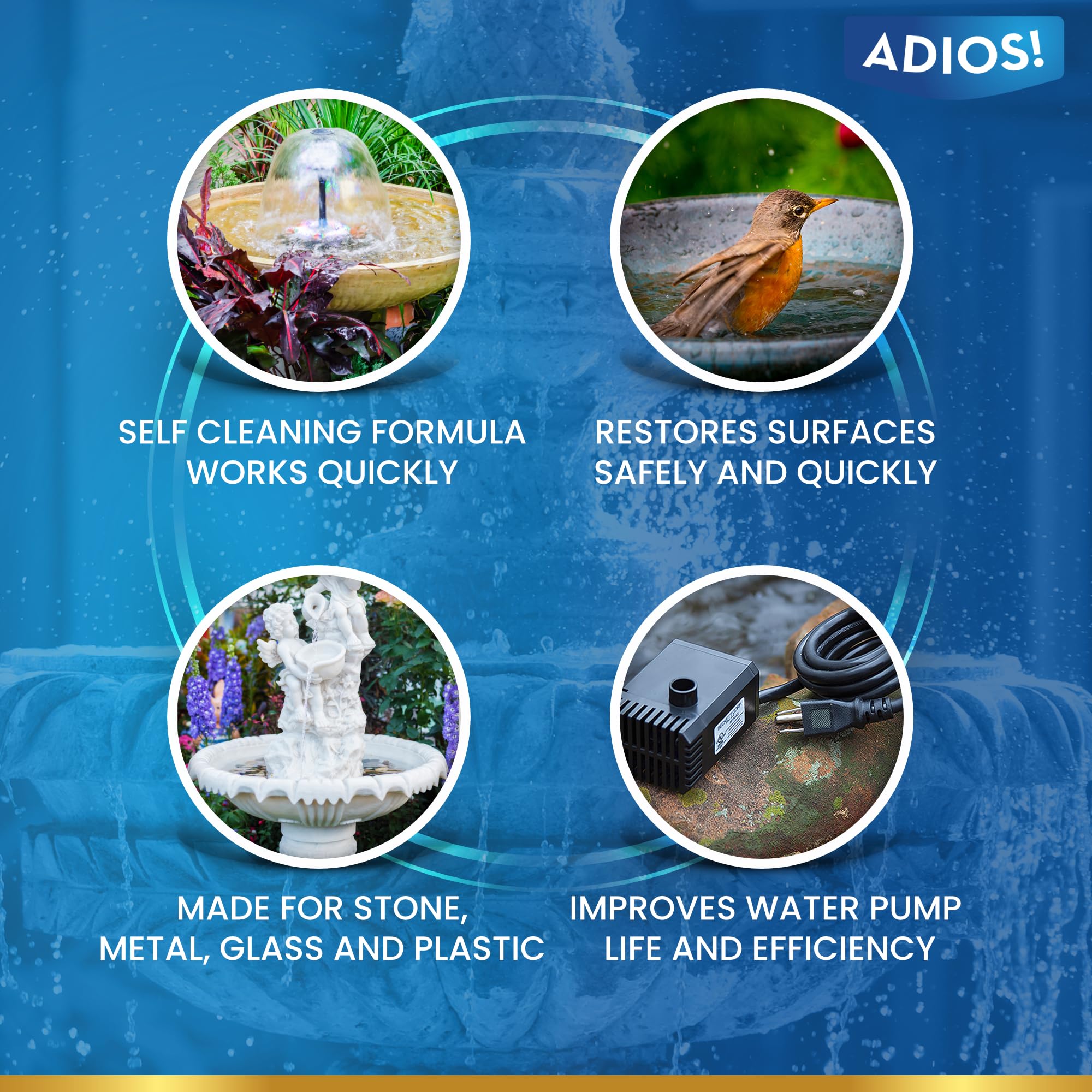 ADIOS fountain scale remover safe for stone and glass surfaces