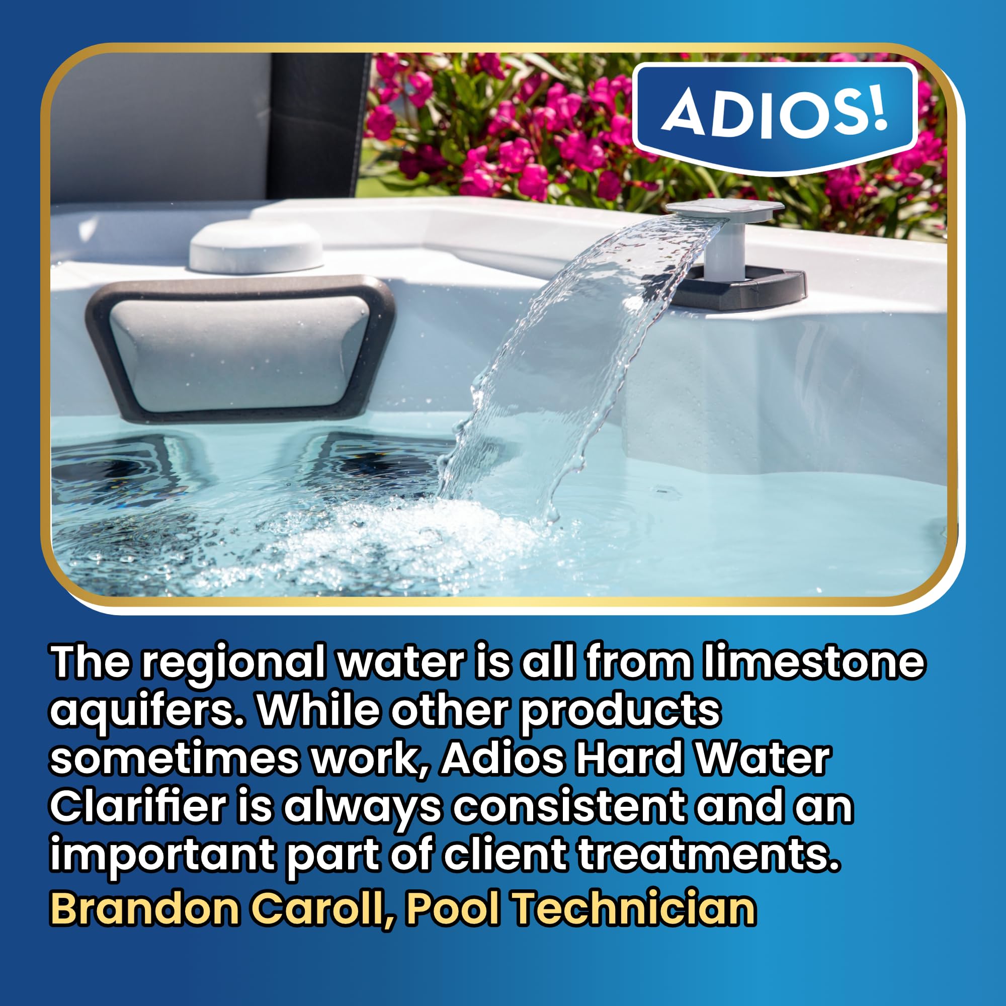 ADIOS! hot tub dosing guide demonstrates simple measurement for clarifying.