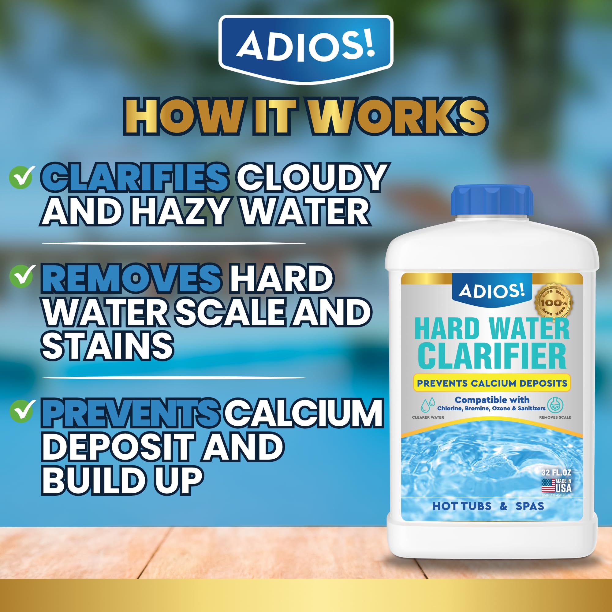 ADIOS! hot tub scale removal on surfaces reduces mineral buildup.