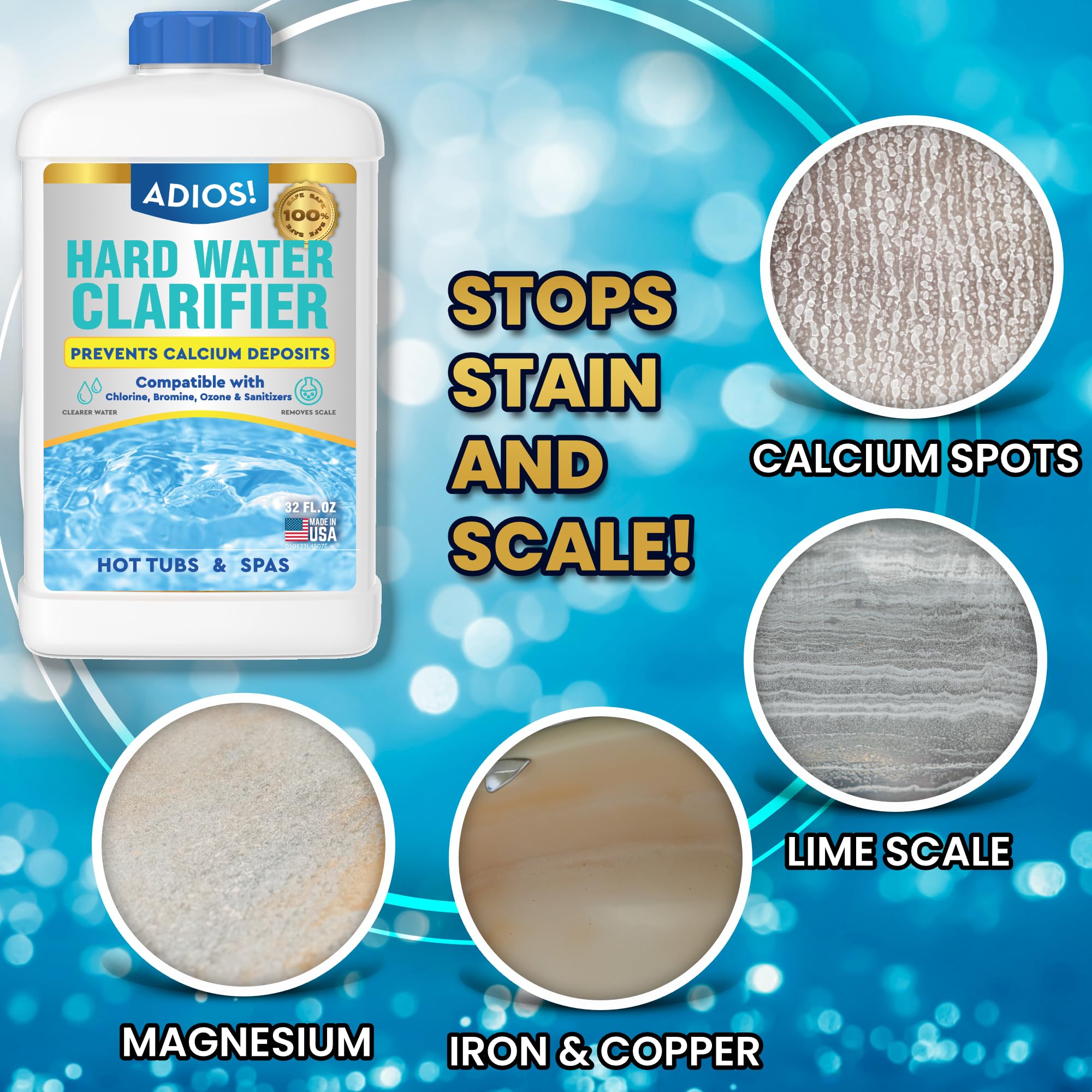 ADIOS! hot tub stain protection shields against metal stains on surfaces.
