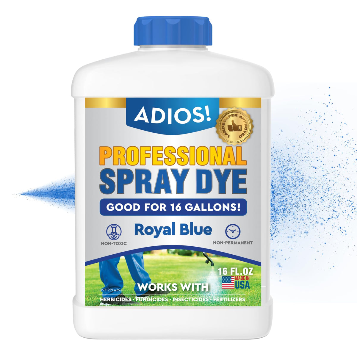ADIOS! blue spray dye marker visible on grass for precise lawn marking.