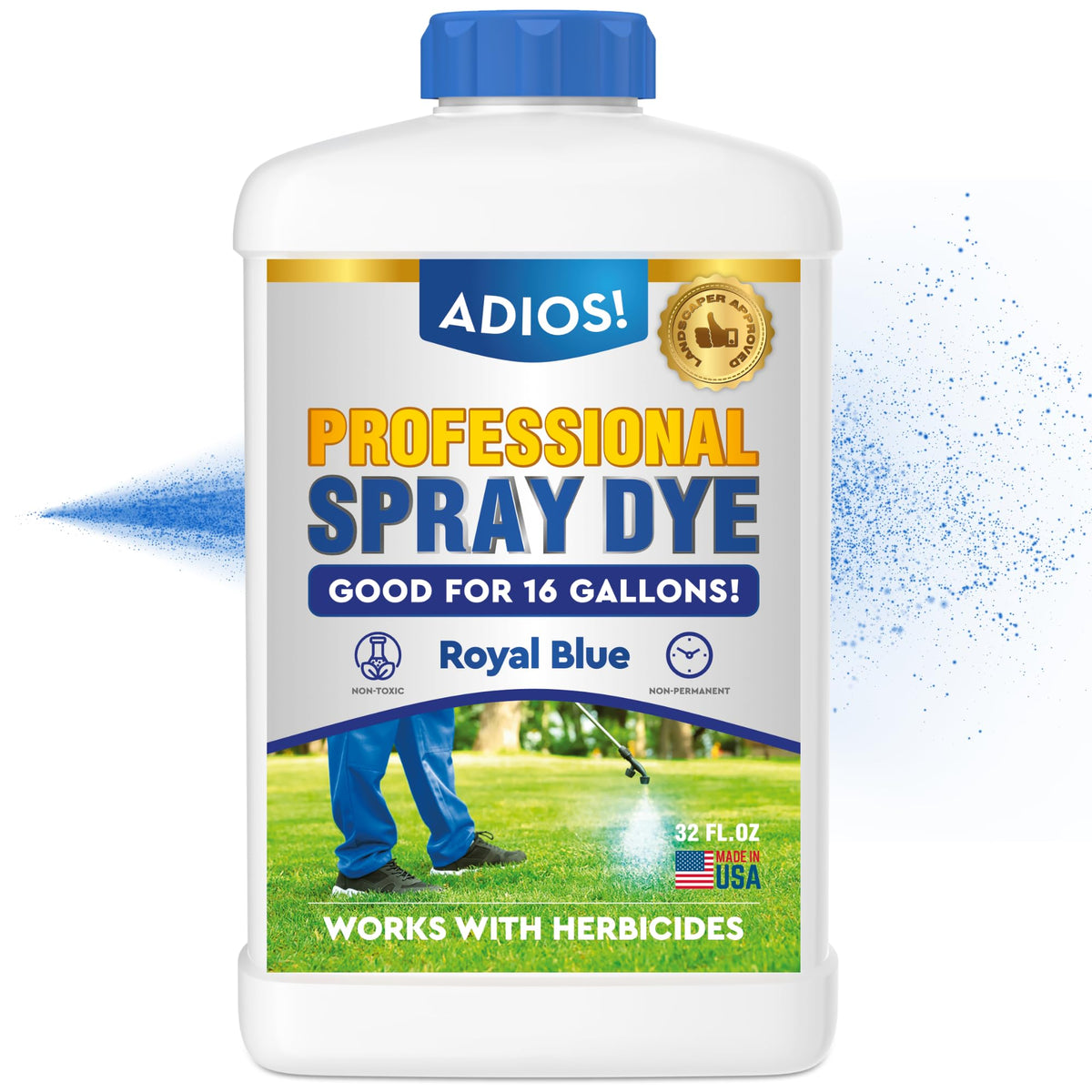 ADIOS professional blue spray marker bottle shows 32oz capacity for lawn care