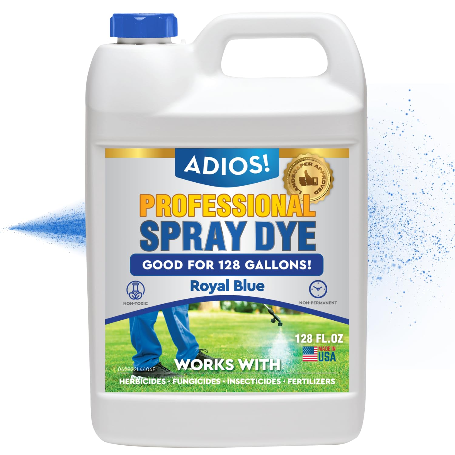 ADIOS! professional blue spray dye marker bottle shows visible coverage on turf during spraying