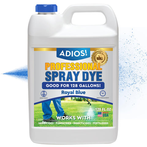 ADIOS! professional blue spray dye marker bottle shows visible coverage on turf during spraying
