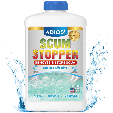 ADIOS! Scum Stopper bottle label shows the spa care product for clearer water