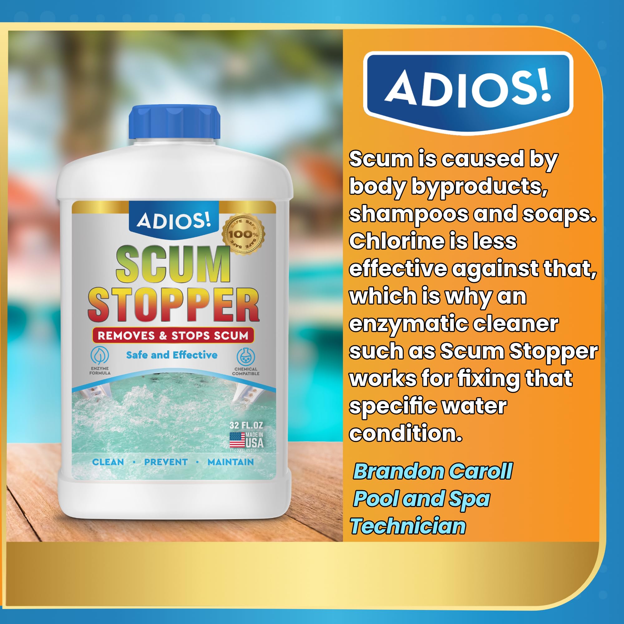 ADIOS! Scum Stopper professional-brand packaging reflects trusted spa water care