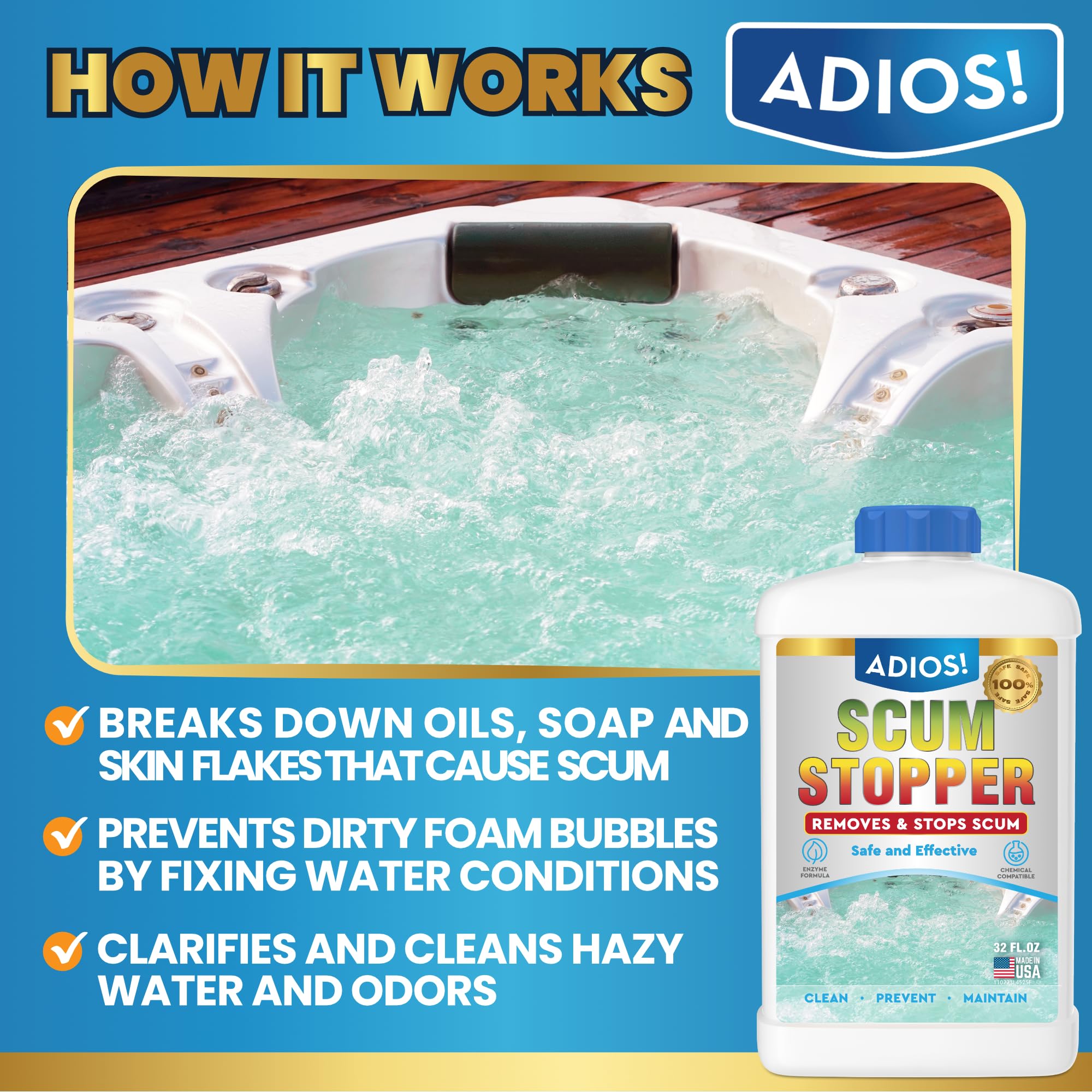 ADIOS! Scum Stopper water-clarity image demonstrates faster clear water after treatment