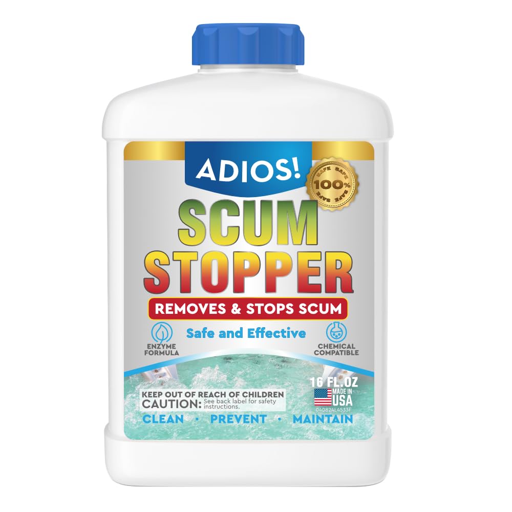 ADIOS! Spa Scum Stopper bottle showcases safe, enzyme-based formula for clearer water.