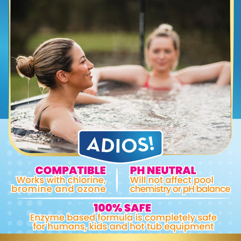 ADIOS! Spa Scum Stopper clear-water after-treatment shows visibly brighter water.