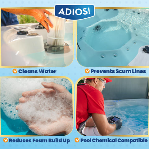 ADIOS! Spa Scum Stopper foam-free water keeps hot tubs inviting after use.