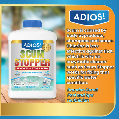 ADIOS! Spa Scum Stopper safe-storage bottle is family-friendly and easy to store.