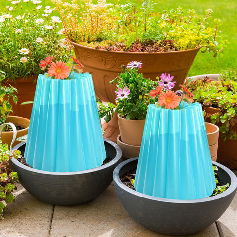 Blue protectors deter nibbling by deer, rabbits, and squirrels.