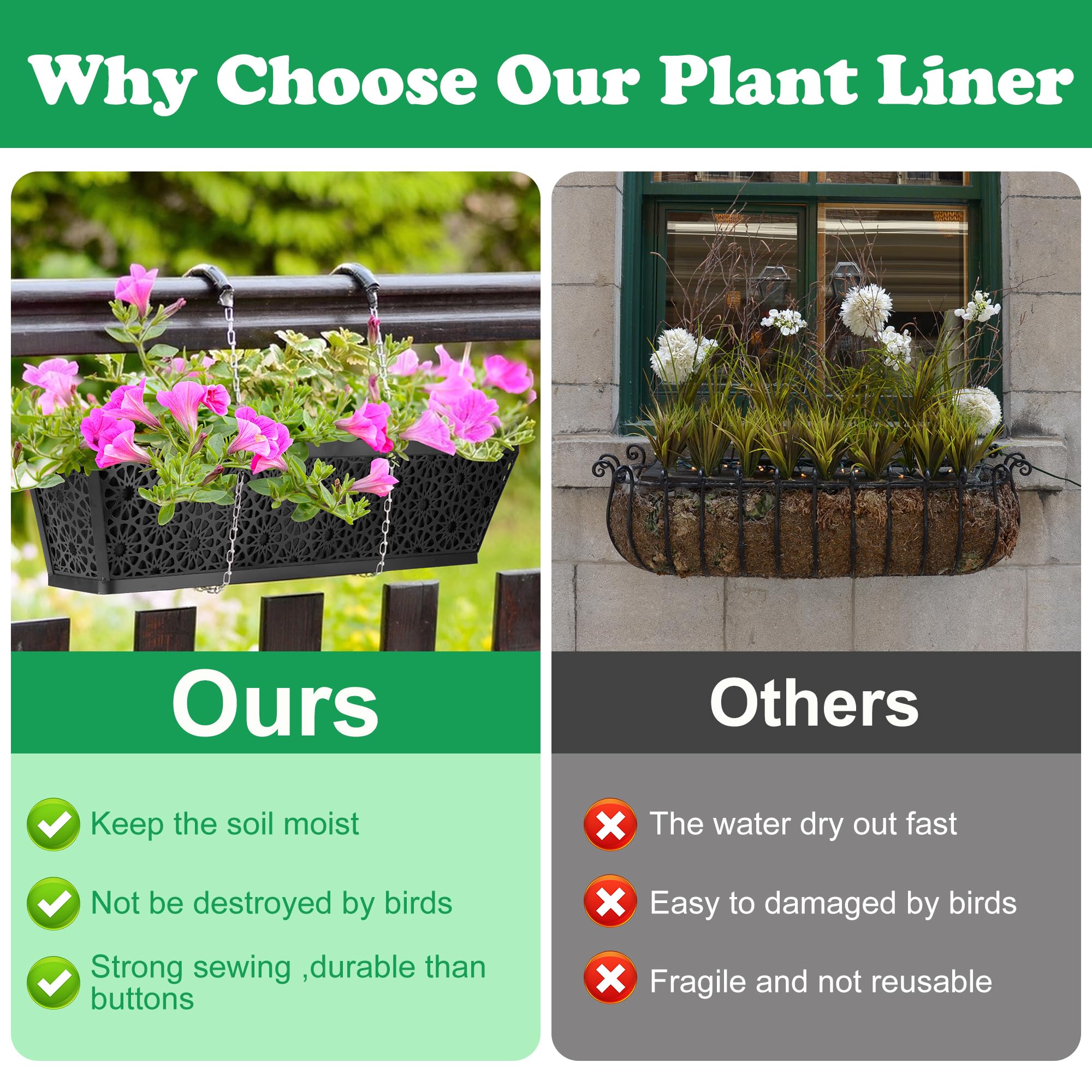 Adnee easy-fit rectangle liner simplifies planter setup for diverse plants.
