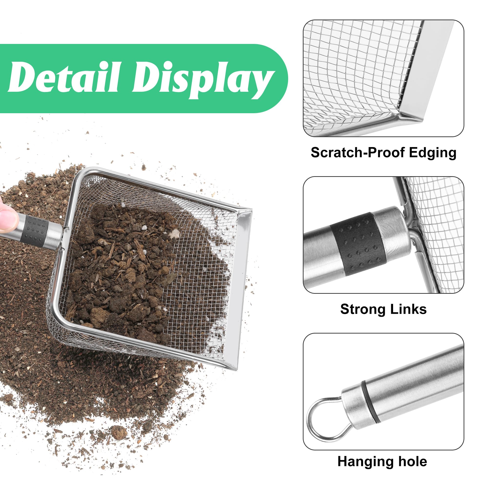Adnee garden sieve featuring an ergonomic handle for comfort.