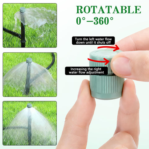 Adnee green sprinkler head blends into garden landscape while irrigating