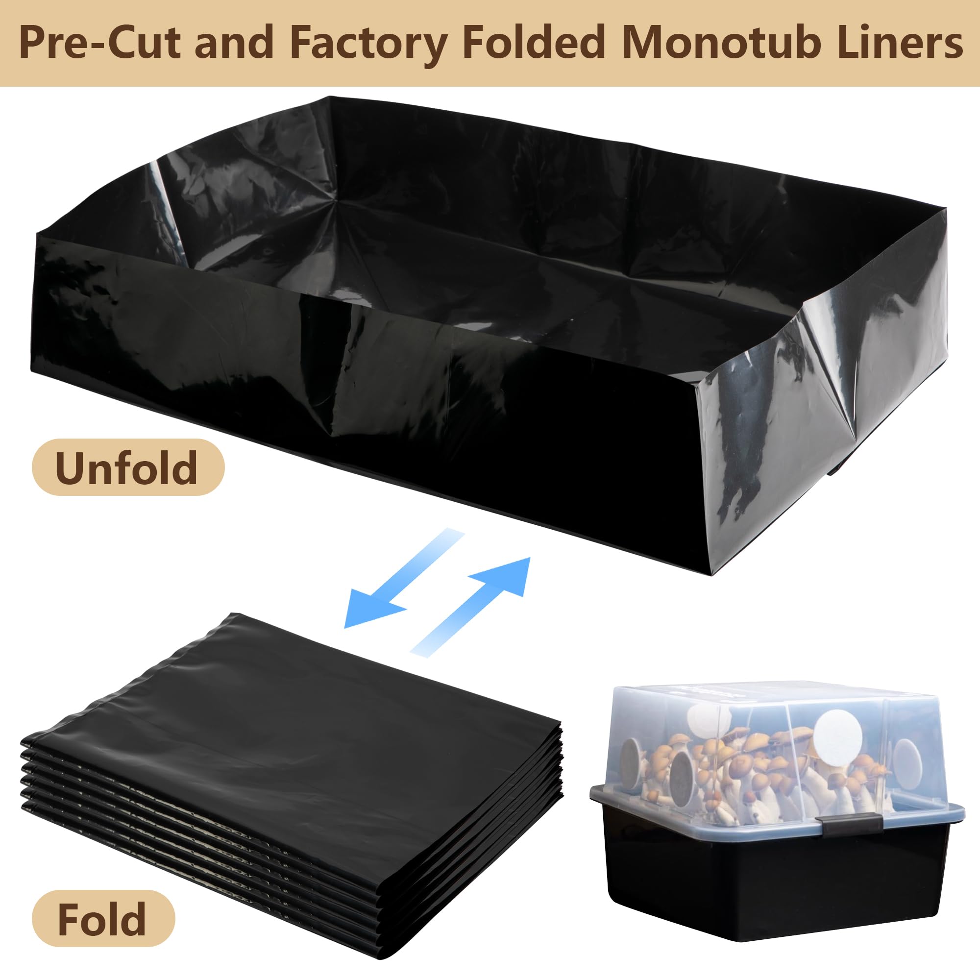 Adnee monotub liner black design blocks light for even spore growth.