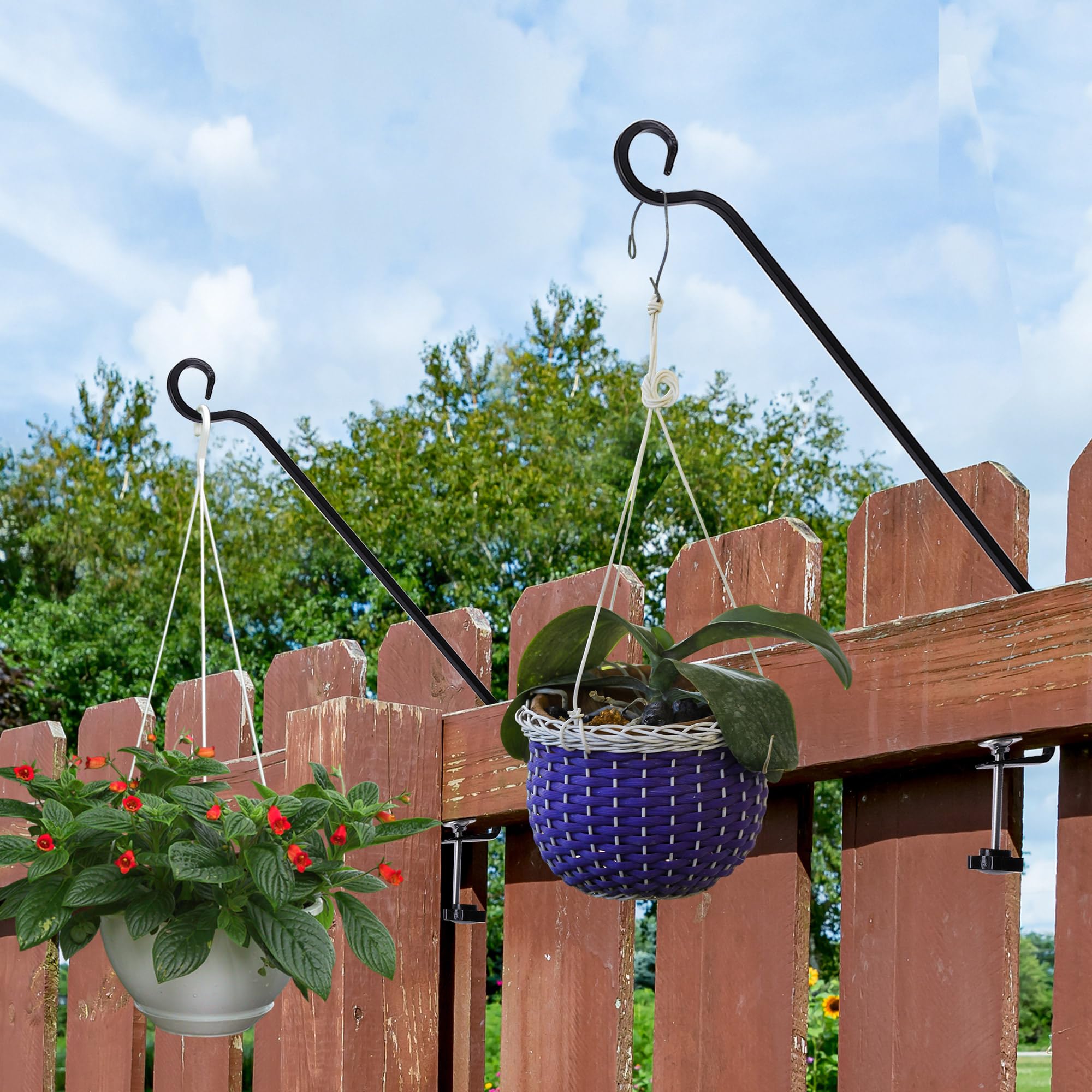 Adnee railing hooks blend with garden decor while adding practical use.