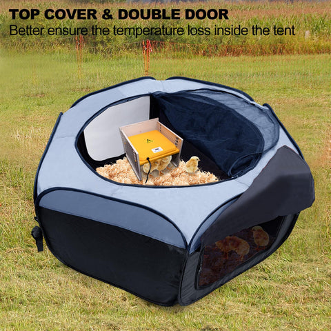 Pop-up brooder tent with stakes for outdoor use and quick setup