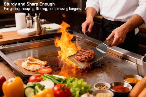 Adoco wide turner doubles as scraper for clean griddles