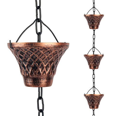 Adorafur outdoor rain chain in copper enhances curb appeal while guiding rain.