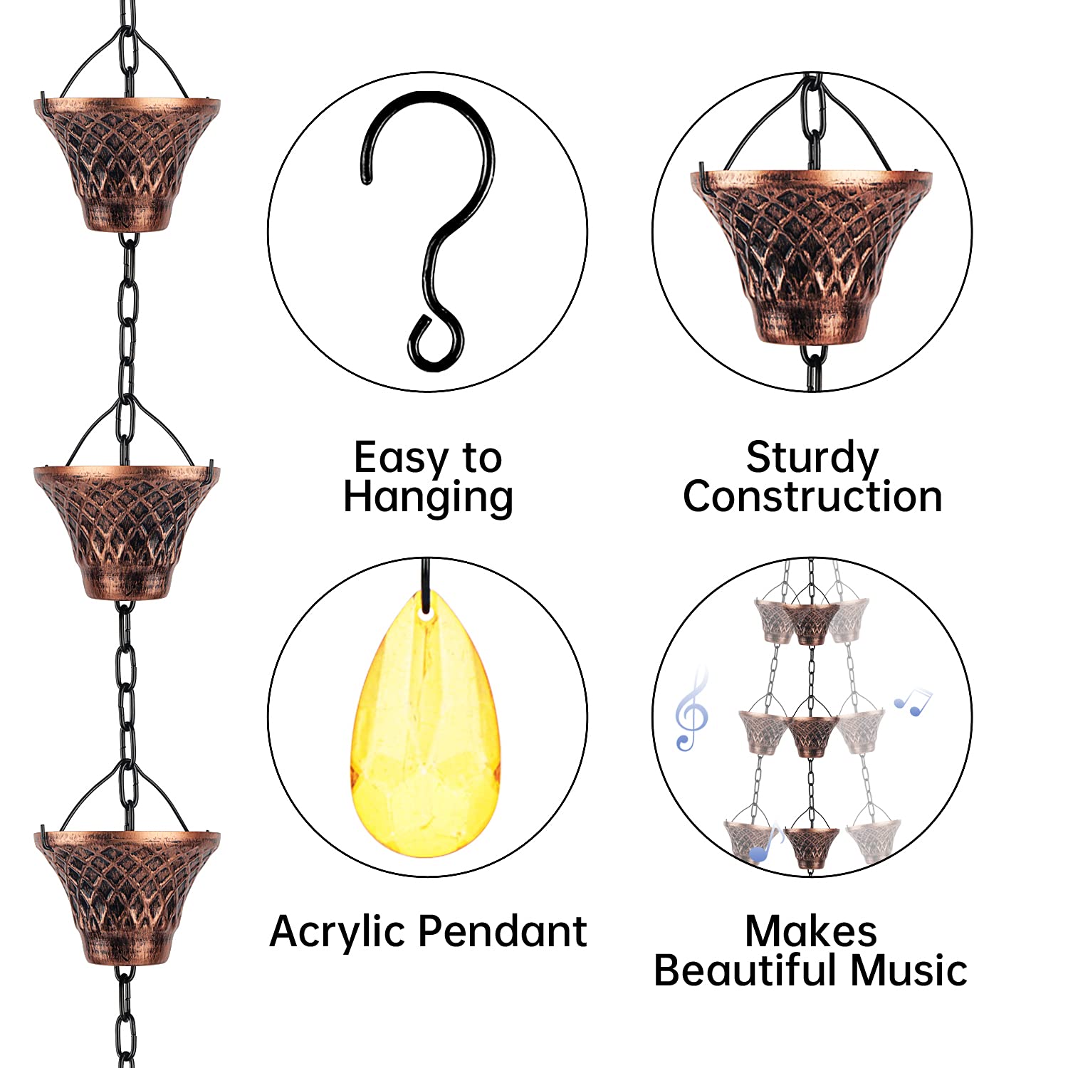Adorafur rain chain with twelve cups detail highlights craftsmanship and decorative charm.