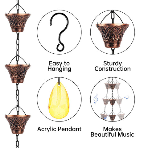 Adorafur rain chain with twelve cups detail highlights craftsmanship and decorative charm.