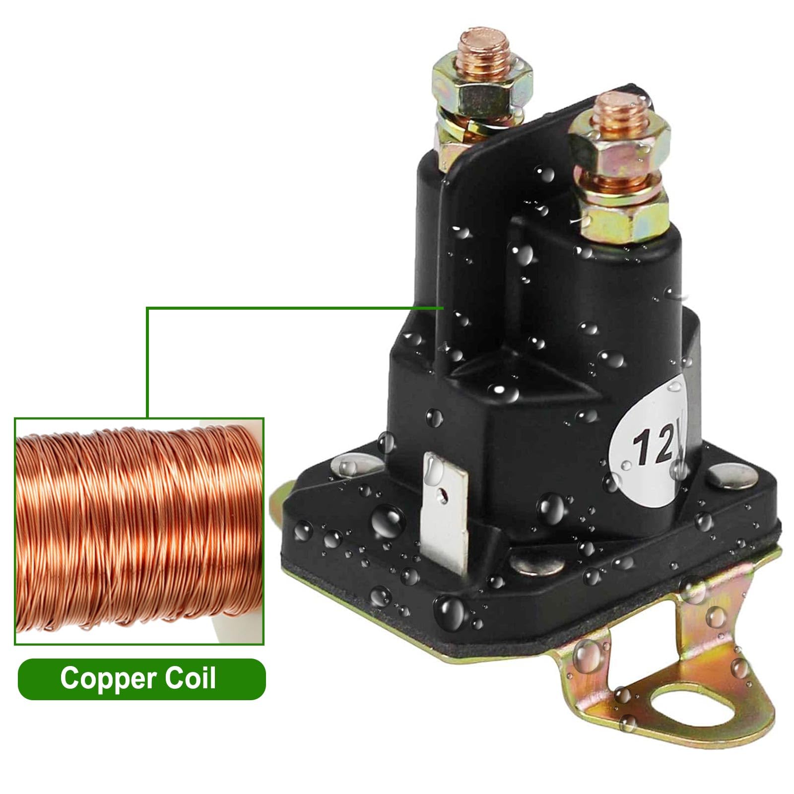 Adorish starter solenoid relay terminal contacts closeup with copper-cadmium metal.