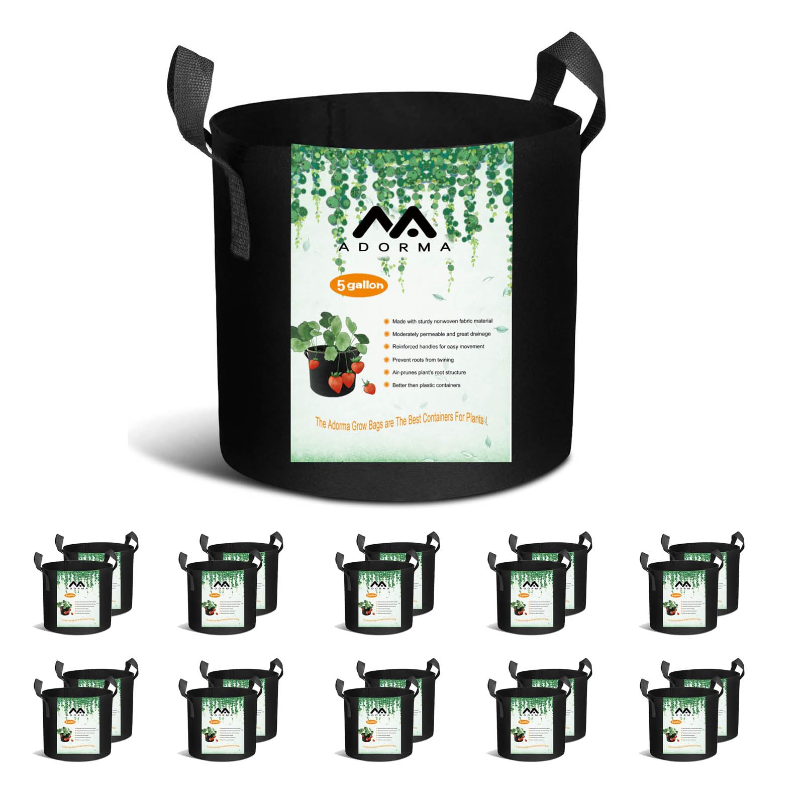 ADORMA 20-pack 5-gallon grow bags, top view showing ample capacity for plants