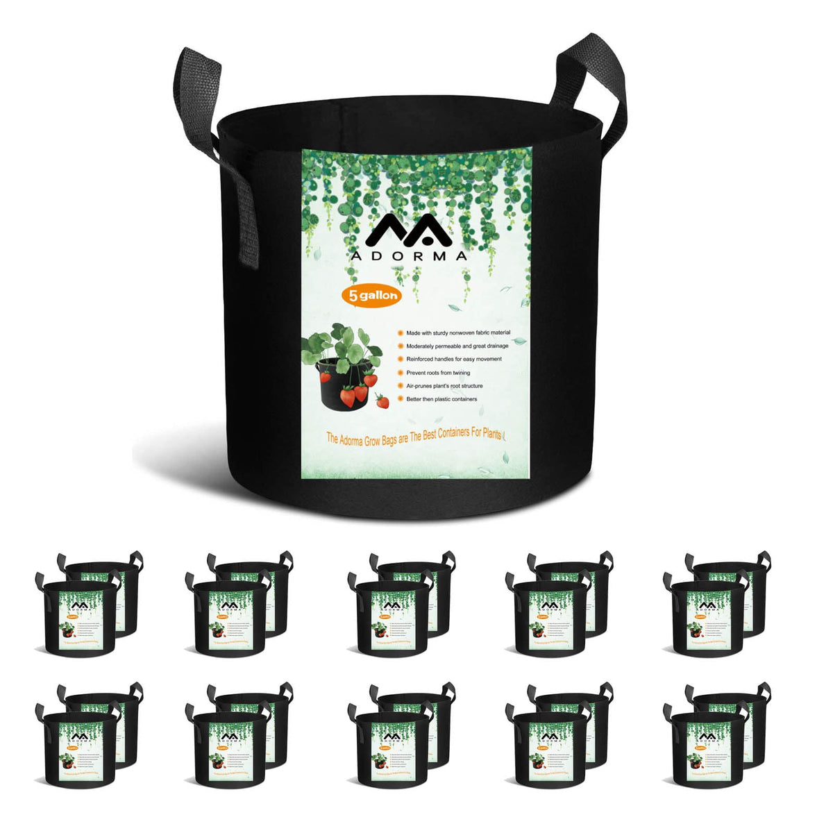 ADORMA 20-pack 5-gallon grow bags, top view showing ample capacity for plants
