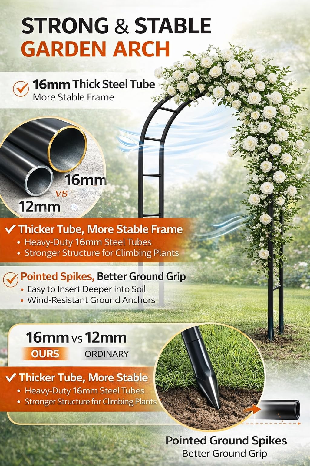 Adorox garden arch with rustproof finish resists sun and rain.