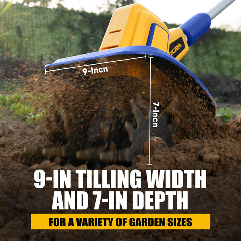 ADOTOCAM tiller demonstrates compatibility with DeWalt 20V MAX batteries