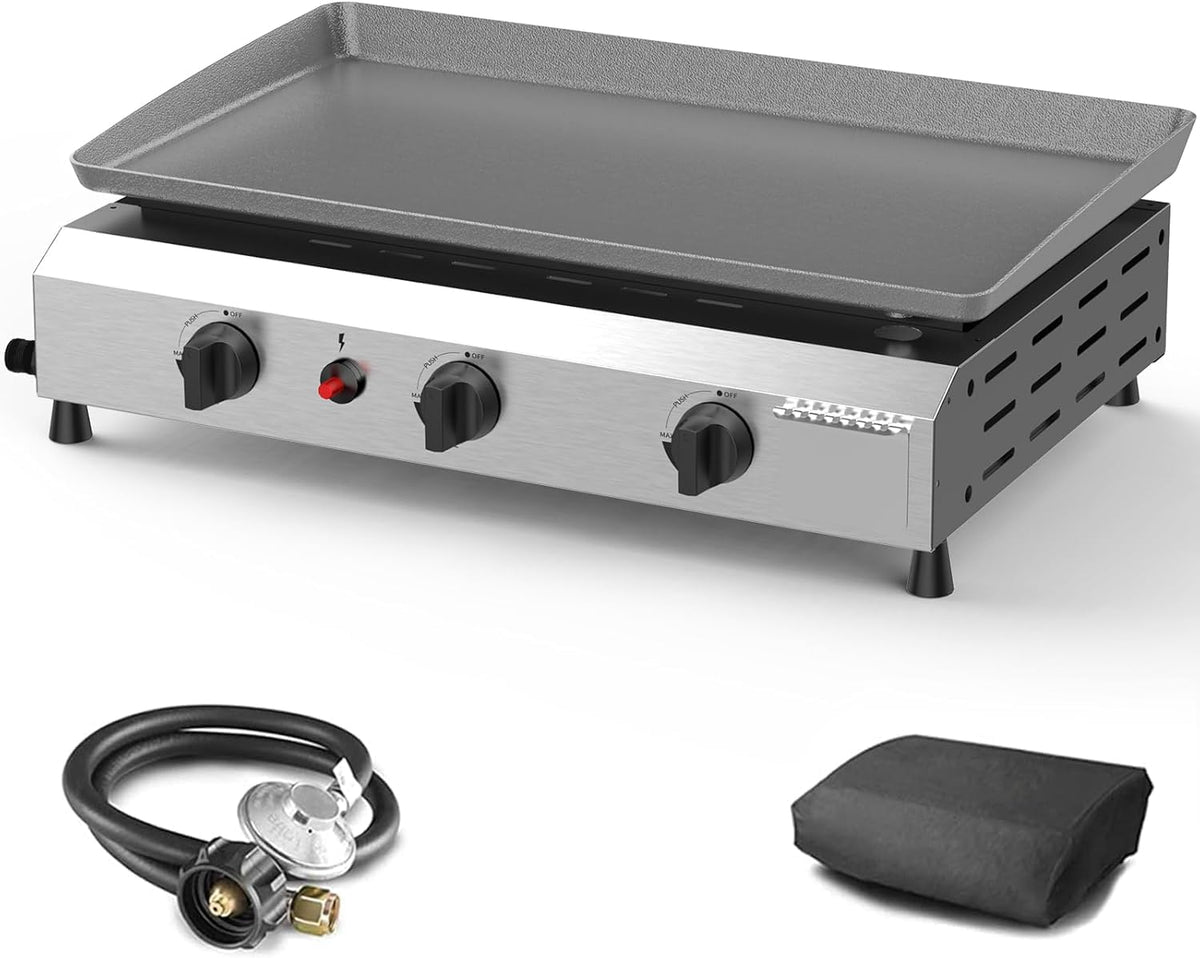 ADREAK 3-burner BBQ flat-top grill on patio with spacious cooking area for family meals.