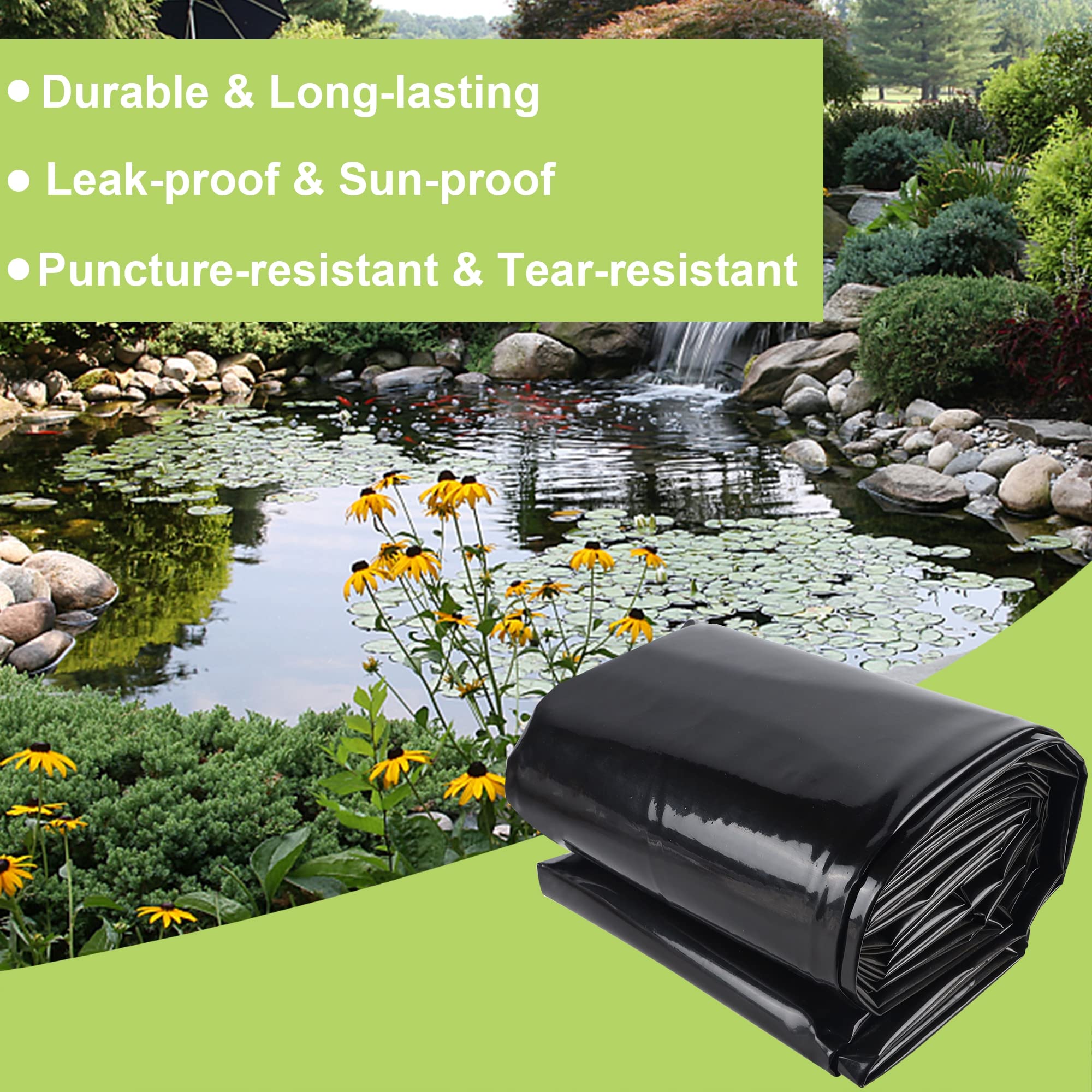 Adroiteet 20mil pond liner emphasizes long-lasting outdoor coverage.