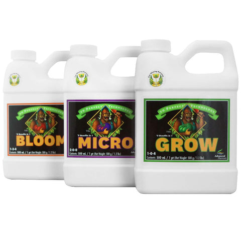 Advanced Nutrients Bloom-Micro-Grow bundle label—clear packaging for easy mixing and pH stability.