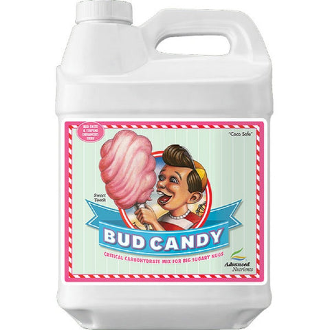 Advanced Nutrients Bud Candy bottle front shows organic carbohydrate supplement for healthier blooms.
